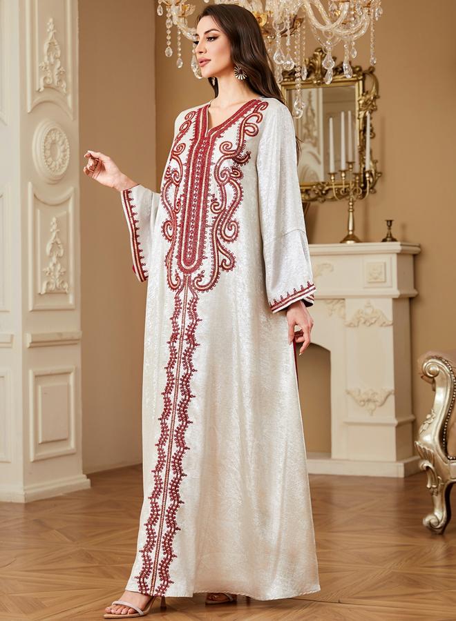 Take Two Women Embroidered V Neck Jalabiya with Hijab - Image 5